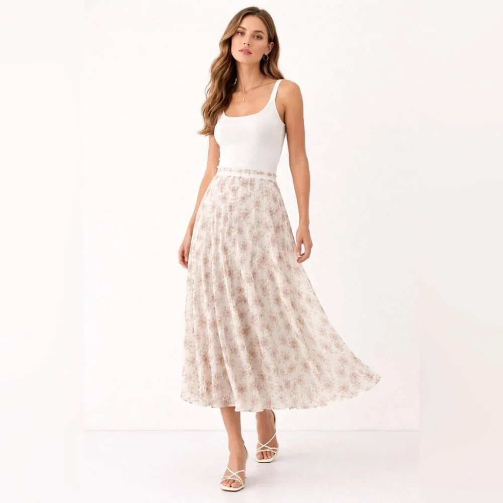 Frime White Floral Pleated Midi Skirt Size L Romantic Cottagecore Flowy Vintage - Picture 1 of 13